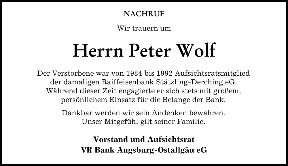  Traueranzeige für Peter Wolf vom 07.12.2022 aus Augsburger Allgemeine