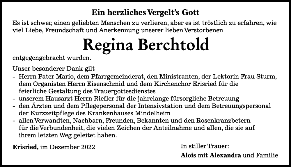 Traueranzeige von Regina Berchtold von Mindelheimer Zeitung