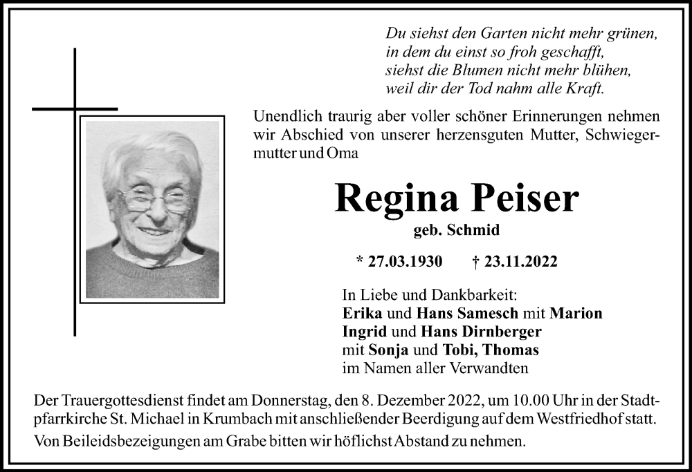  Traueranzeige für Regina Peiser vom 05.12.2022 aus Mittelschwäbische Nachrichten