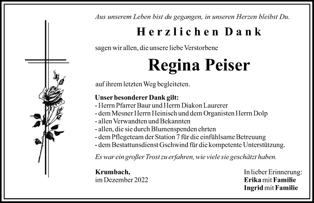  Traueranzeige für Regina Peiser vom 16.12.2022 aus Mittelschwäbische Nachrichten