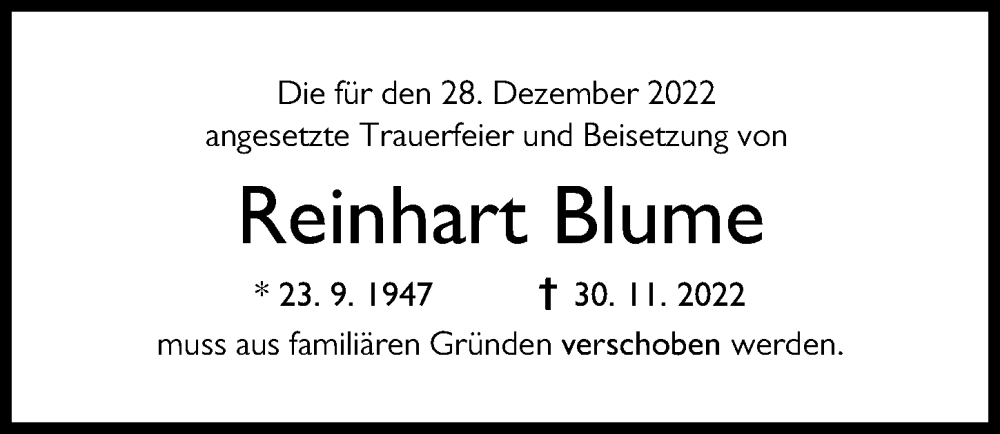  Traueranzeige für Reinhart Blume vom 27.12.2022 aus Augsburger Allgemeine