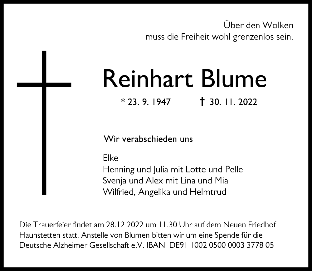 Traueranzeige von Reinhart Blume von Augsburger Allgemeine