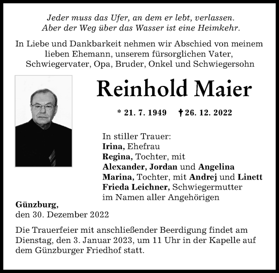 Traueranzeige von Reinhold Maier von Günzburger Zeitung