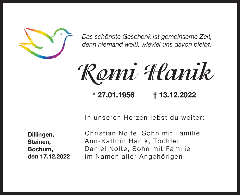 Traueranzeige von Romi Hanik von Donau Zeitung