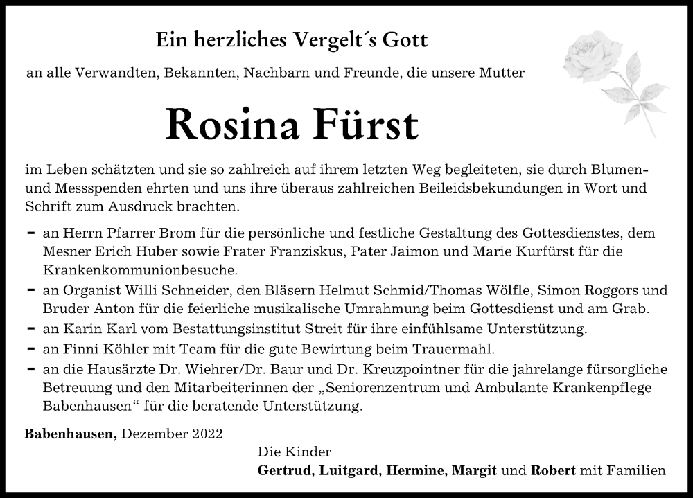 Traueranzeige für Rosina Fürst vom 10.12.2022 aus Illertisser Zeitung
