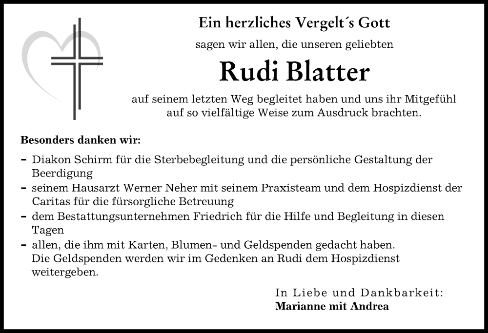 Traueranzeige von Rudi Blatter von Donau Zeitung