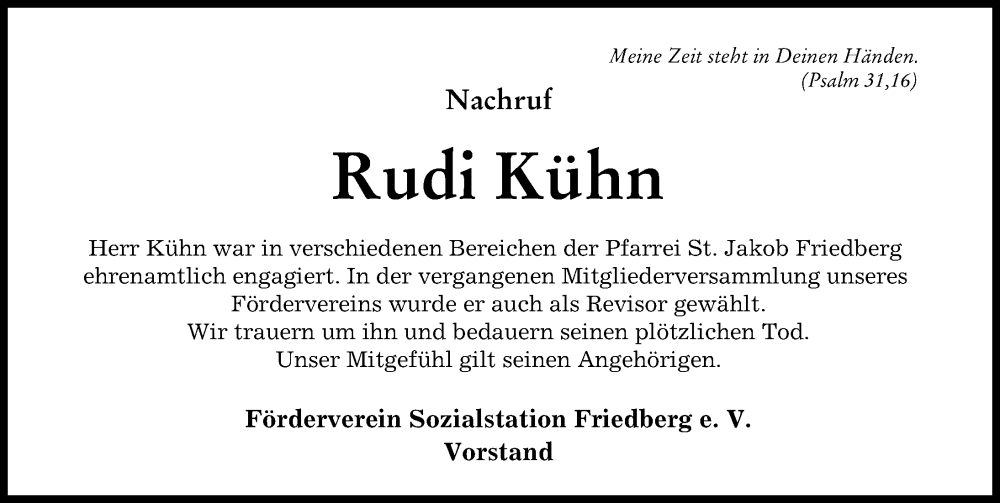 Traueranzeige von Rudi Kühn von Friedberger Allgemeine