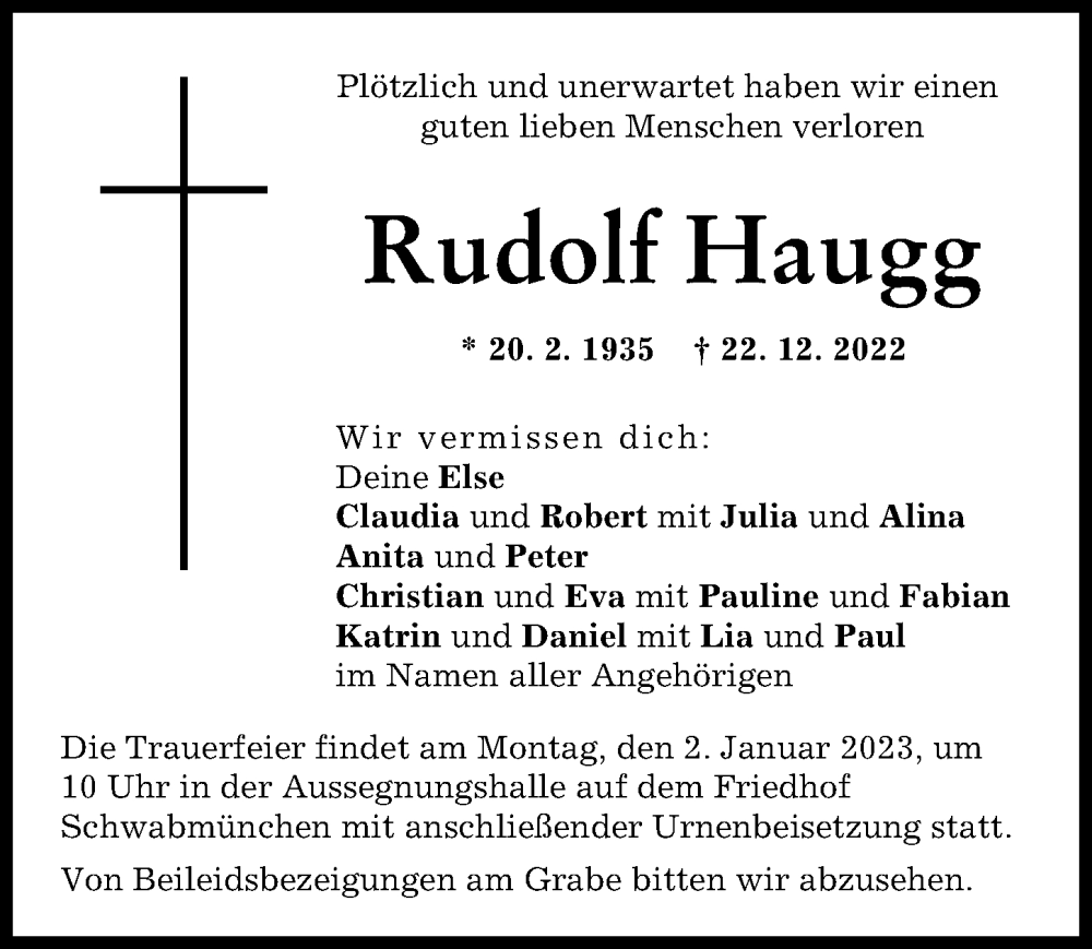 Traueranzeige von Rudolf Haugg von Schwabmünchner Allgemeine