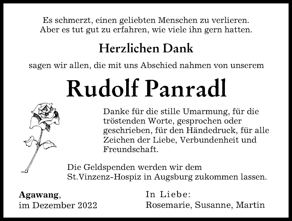  Traueranzeige für Rudolf Panradl vom 16.12.2022 aus Augsburg-Land