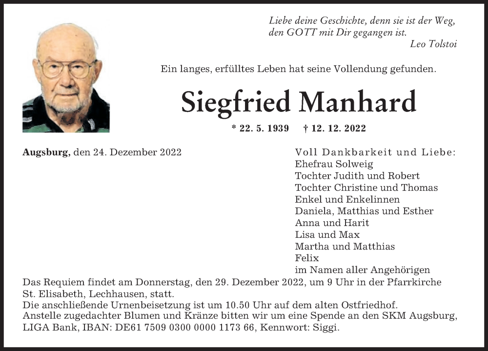 Traueranzeigen von Siegfried Manhard | Augsburger Allgemeine Zeitung