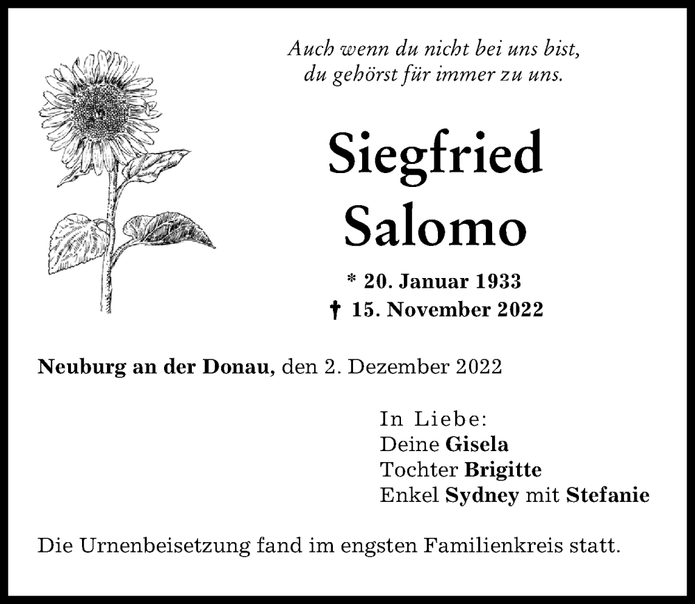  Traueranzeige für Siegfried Salomo vom 02.12.2022 aus Neuburger Rundschau
