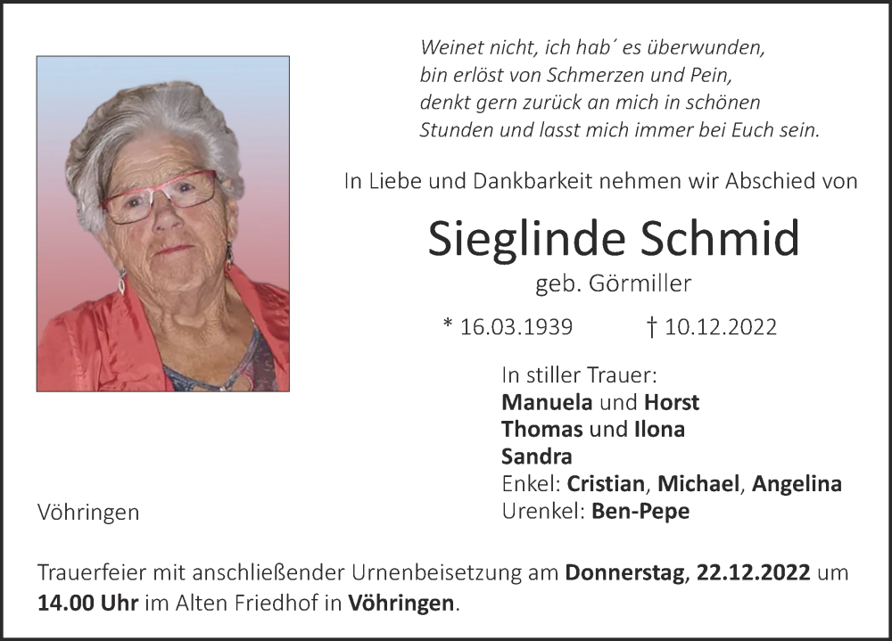  Traueranzeige für Sieglinde Schmid vom 19.12.2022 aus Illertisser Zeitung