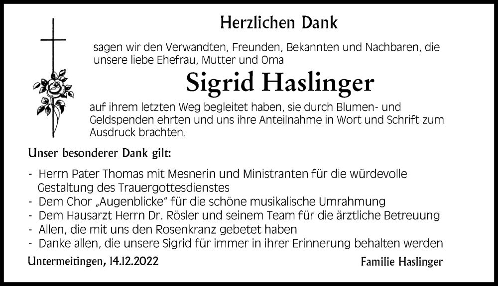  Traueranzeige für Sigrid Haslinger vom 14.12.2022 aus Schwabmünchner Allgemeine, Landsberger Tagblatt
