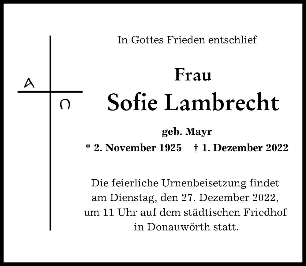 Traueranzeige von Sofie Lambrecht von Donauwörther Zeitung