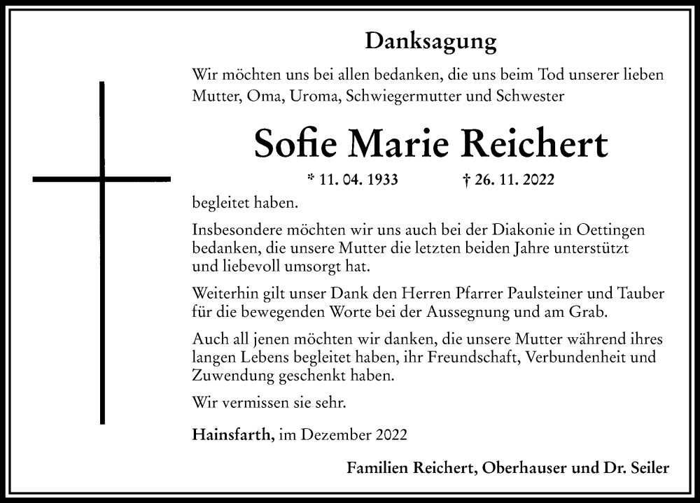 Traueranzeige für Sofie Marie Reichert vom 10.12.2022 aus Rieser Nachrichten