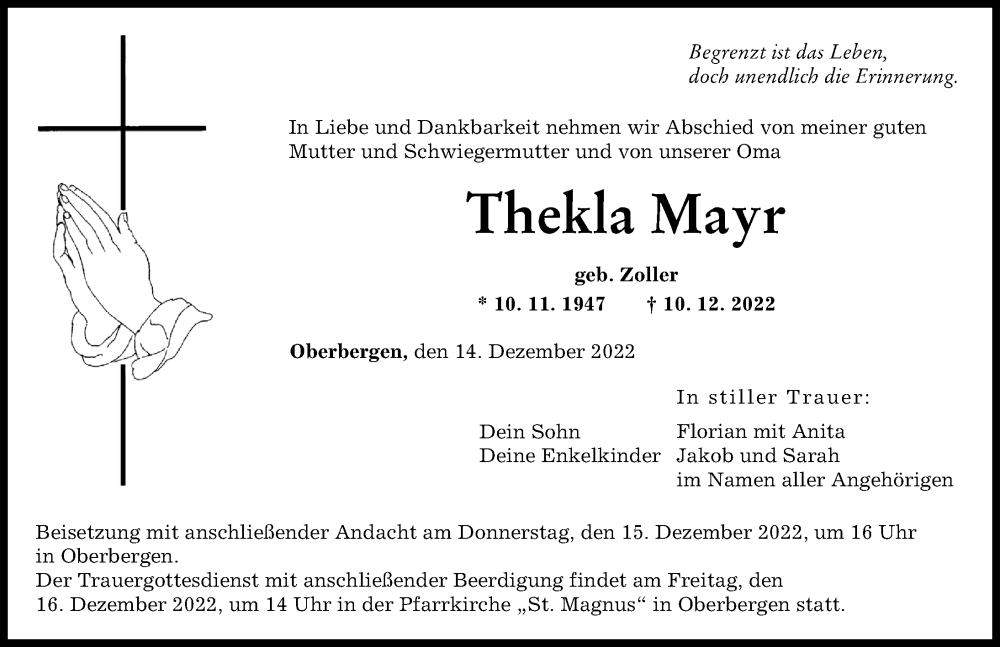 Traueranzeige von Thekla Mayr von Landsberger Tagblatt