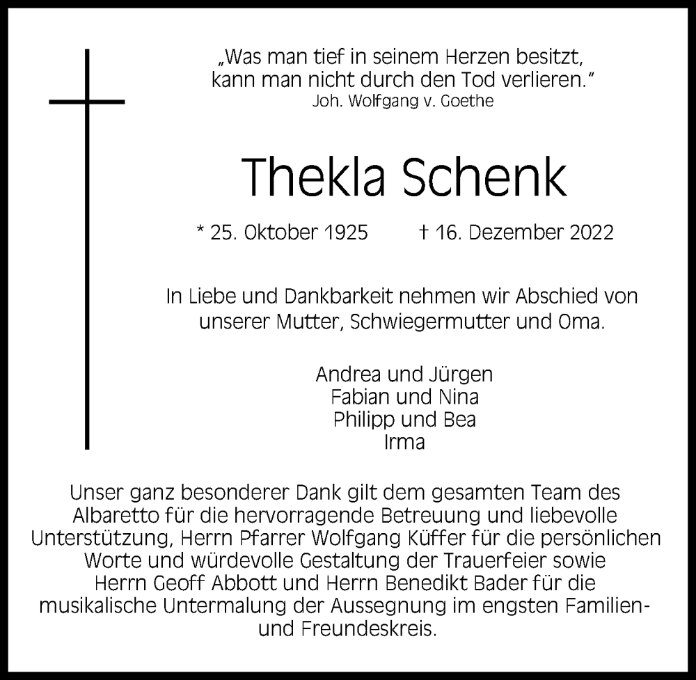 Traueranzeigen Von Thekla Schenk Augsburger Allgemeine Zeitung