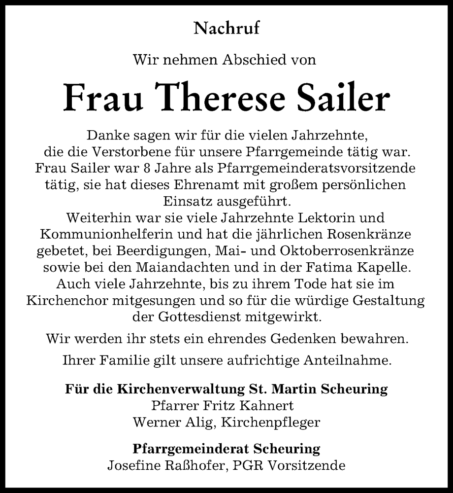 Traueranzeige von Therese Sailer von Landsberger Tagblatt