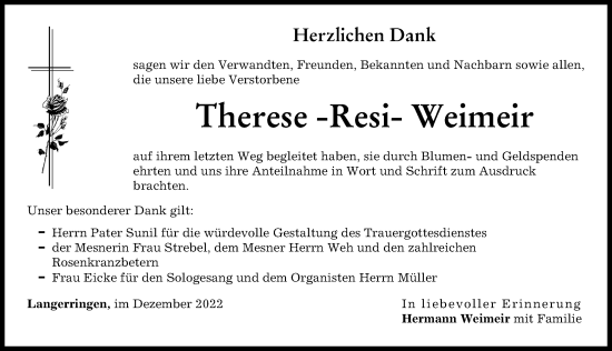 Traueranzeigen Von Therese Resi Weimeir Augsburger Allgemeine Zeitung