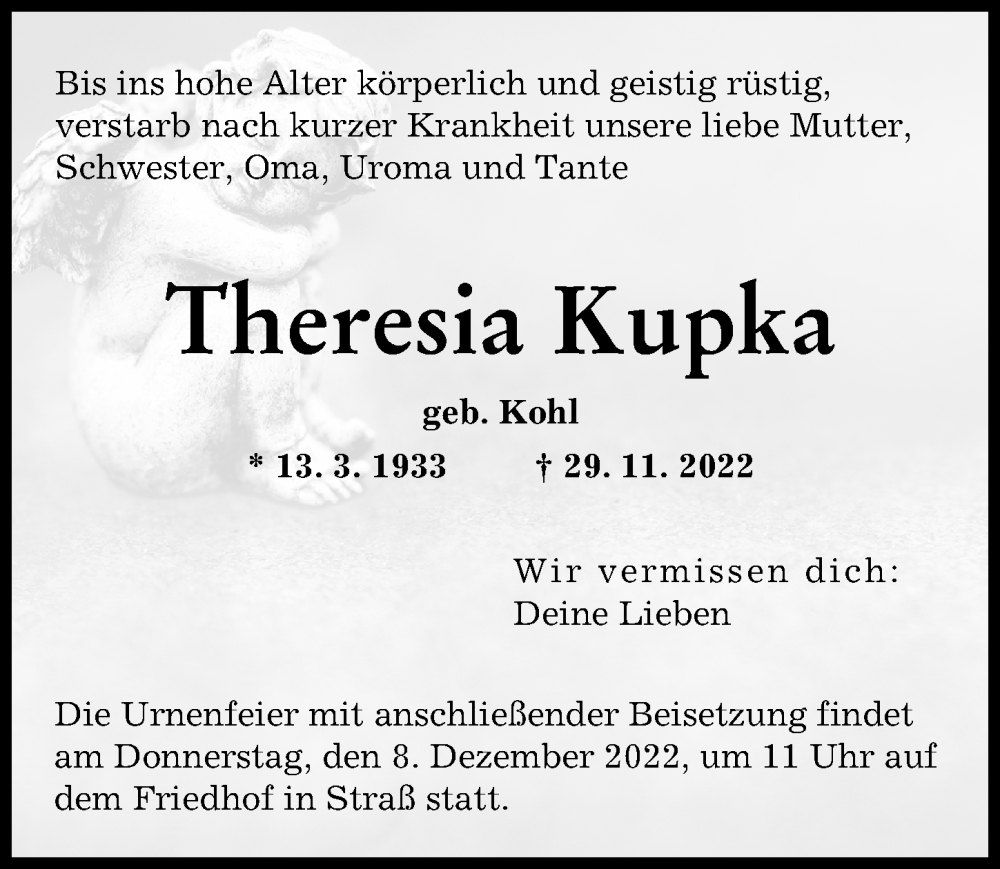 Traueranzeige von Theresia Kupka von Neu-Ulmer Zeitung
