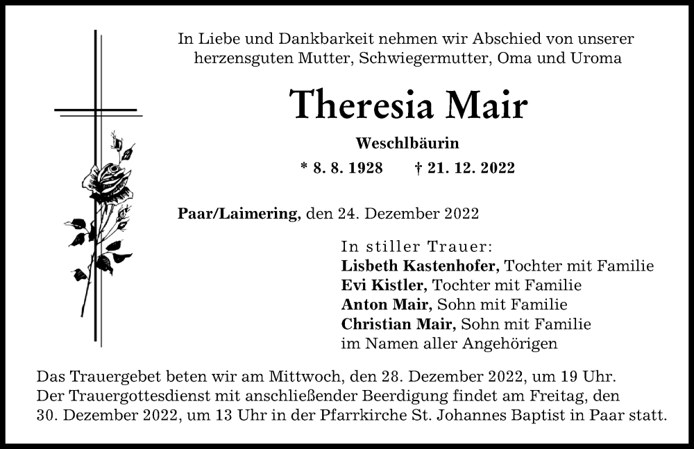 Traueranzeigen Von Theresia Mair Augsburger Allgemeine Zeitung