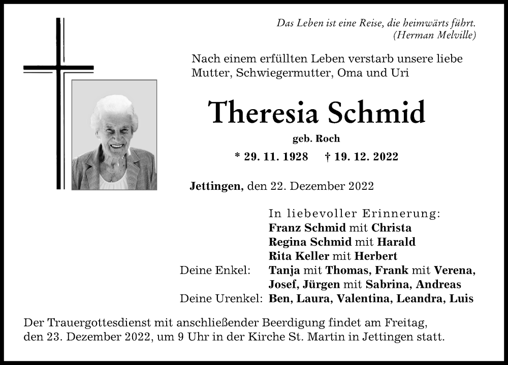 Traueranzeige von Theresia Schmid von Günzburger Zeitung