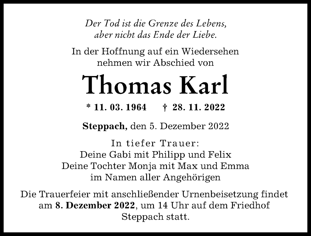  Traueranzeige für Thomas Karl vom 05.12.2022 aus Augsburger Allgemeine