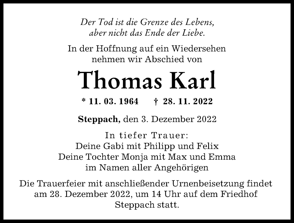 Traueranzeige von Thomas Karl von Augsburger Allgemeine
