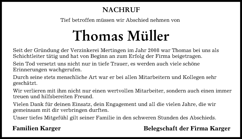  Traueranzeige für Thomas Müller vom 09.12.2022 aus Donauwörther Zeitung