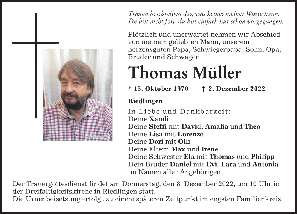  Traueranzeige für Thomas Müller vom 06.12.2022 aus Donauwörther Zeitung