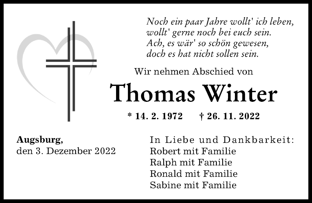 Traueranzeige für Thomas Winter vom 03.12.2022 aus Augsburger Allgemeine