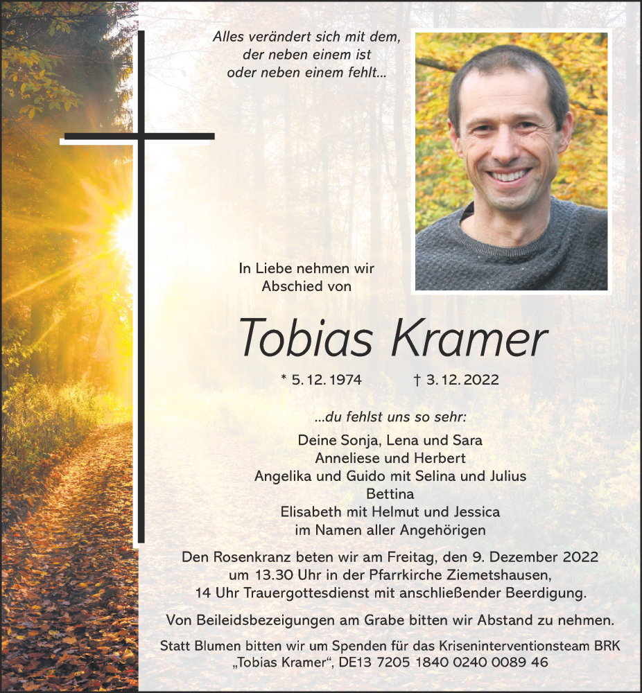  Traueranzeige für Tobias Kramer vom 07.12.2022 aus Mittelschwäbische Nachrichten
