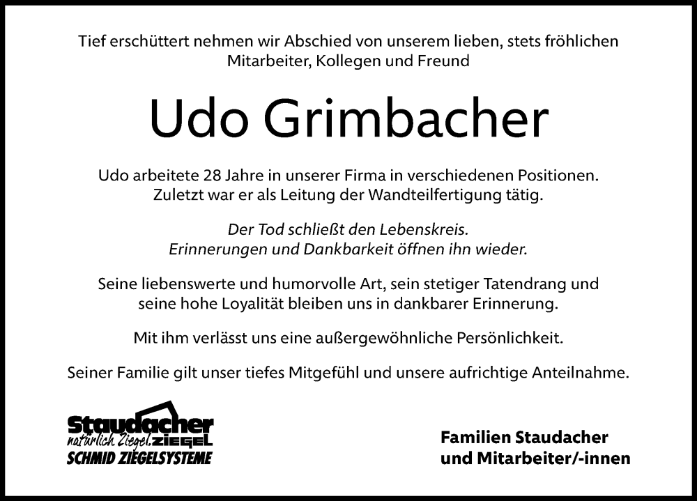 Traueranzeige von Udo Grimbacher von Mittelschwäbische Nachrichten