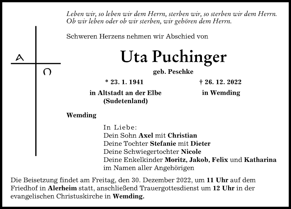 Traueranzeige von Uta Puchinger von Rieser Nachrichten, Donauwörther Zeitung