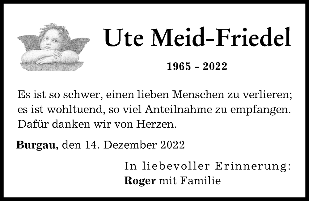  Traueranzeige für Ute Meid-Friedel vom 14.12.2022 aus Günzburger Zeitung