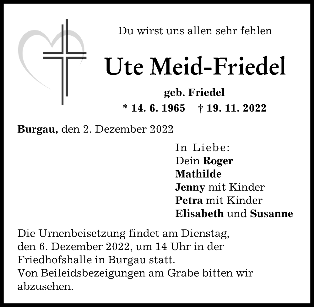  Traueranzeige für Ute Meid-Friedel vom 02.12.2022 aus Günzburger Zeitung