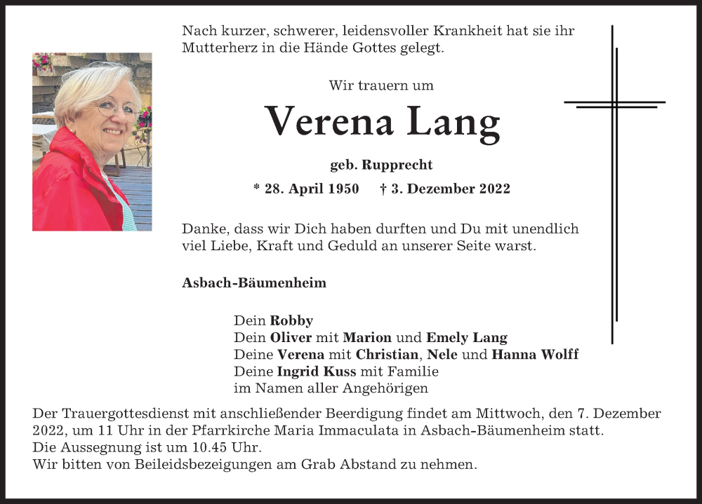  Traueranzeige für Verena Lang vom 05.12.2022 aus Donauwörther Zeitung