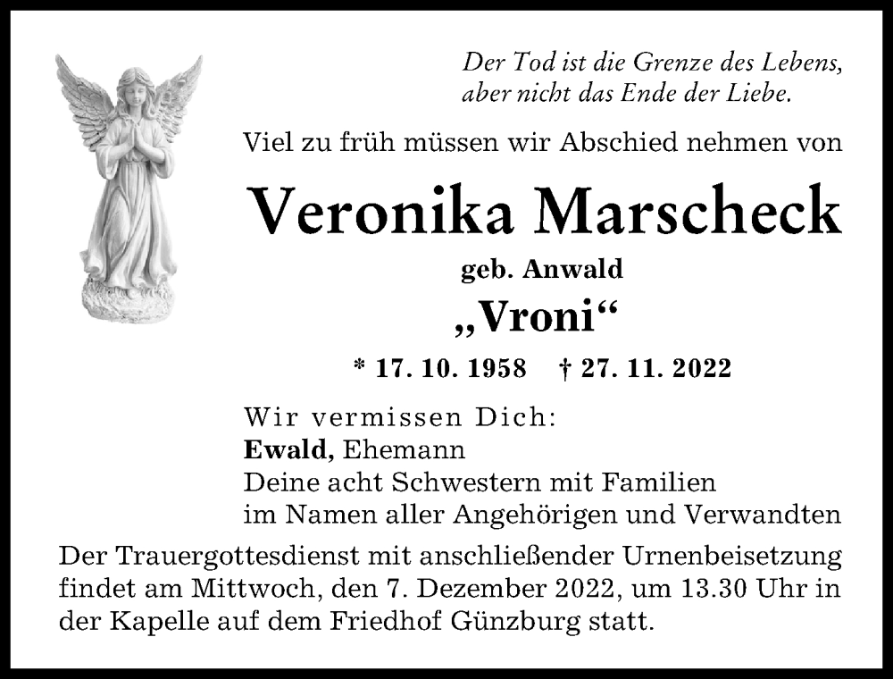  Traueranzeige für Veronika Marscheck vom 03.12.2022 aus Günzburger Zeitung