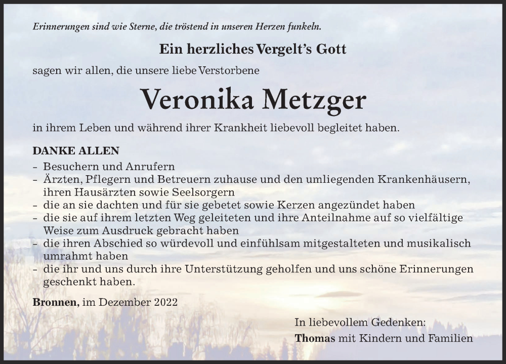  Traueranzeige für Veronika Metzger vom 05.12.2022 aus Mindelheimer Zeitung