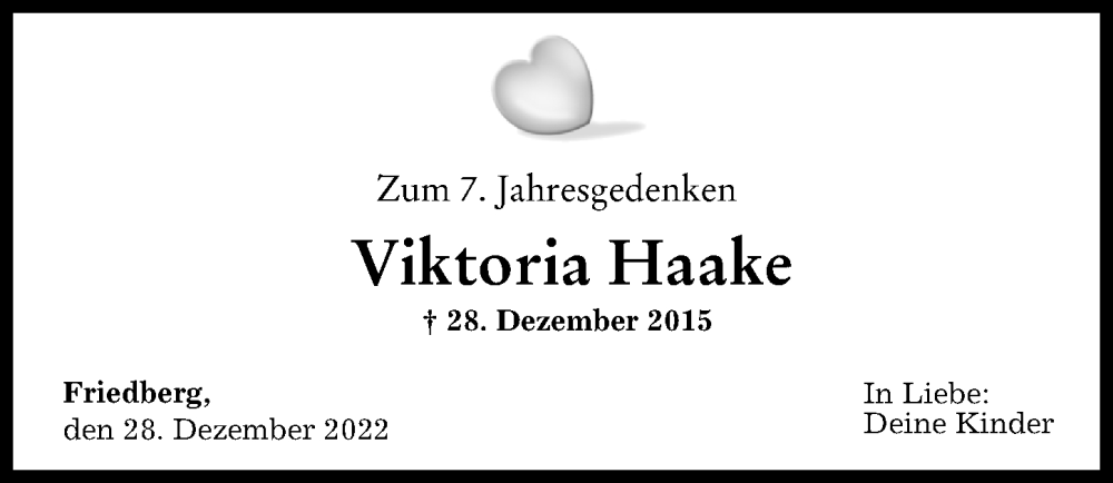 Traueranzeige von Viktoria Haake von Augsburger Allgemeine