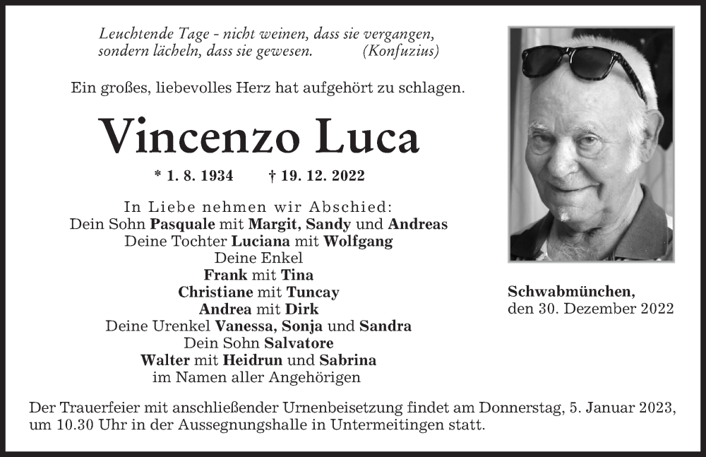 Traueranzeige von Vincenzo Luca von Schwabmünchner Allgemeine