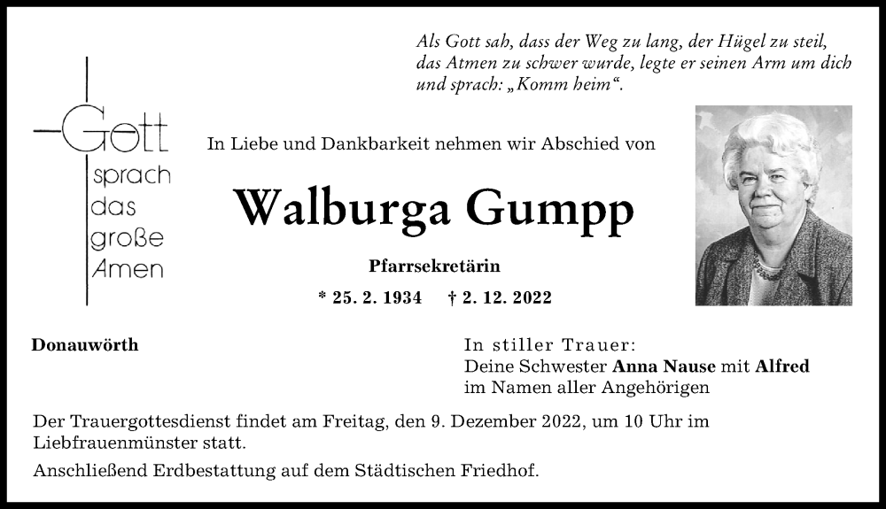 Traueranzeige von Walburga Gumpp von Donauwörther Zeitung