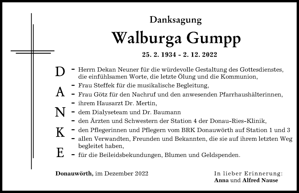 Traueranzeige von Walburga Gumpp von Donauwörther Zeitung