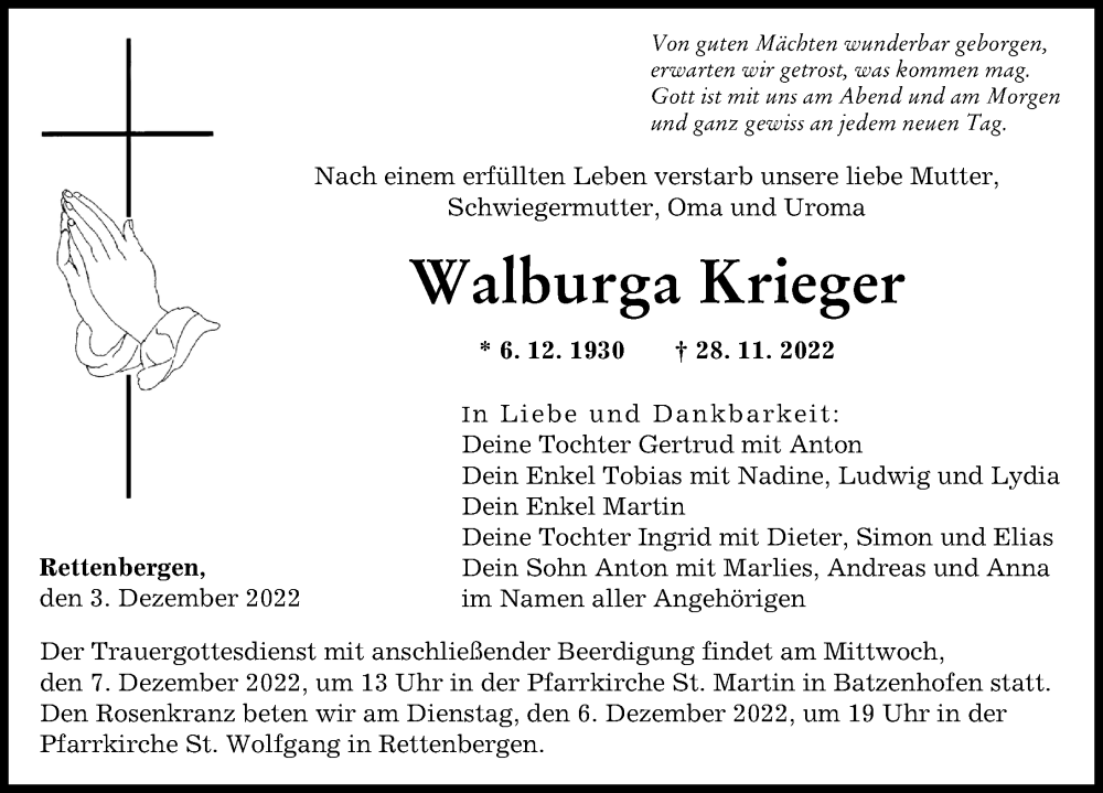 Traueranzeige von Walburga Krieger von Augsburger Allgemeine
