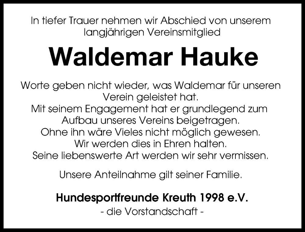  Traueranzeige für Waldemar Hauke vom 03.12.2022 aus Neuburger Rundschau