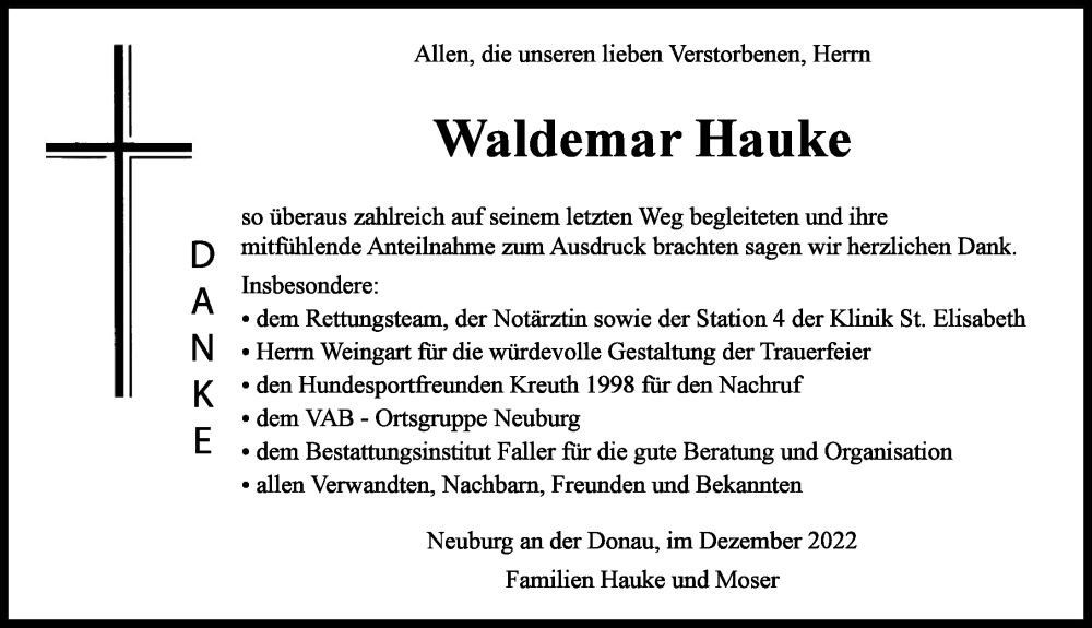  Traueranzeige für Waldemar Hauke vom 14.12.2022 aus Neuburger Rundschau