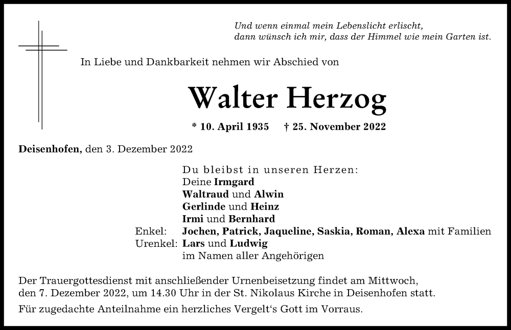  Traueranzeige für Walter Herzog vom 03.12.2022 aus Donau Zeitung