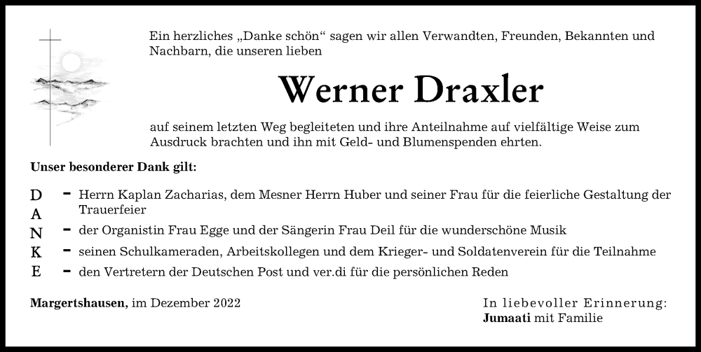  Traueranzeige für Werner Draxler vom 10.12.2022 aus Augsburger Allgemeine