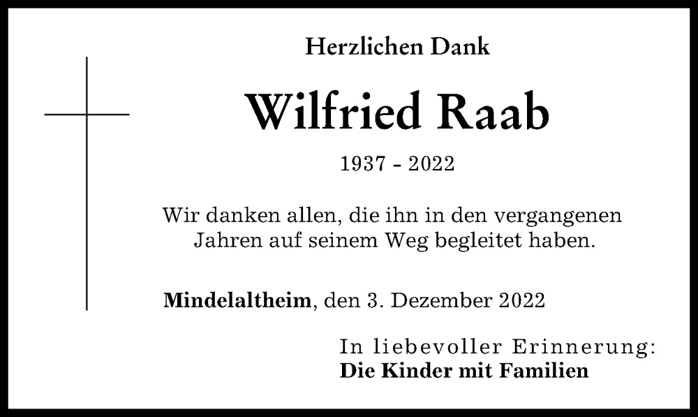  Traueranzeige für Wilfried Raab vom 03.12.2022 aus Günzburger Zeitung