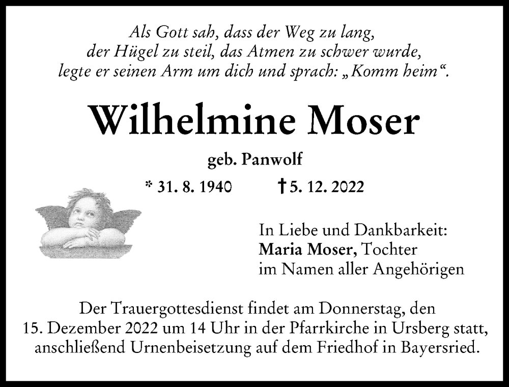 Traueranzeige von Wilhelmine Moser von Mittelschwäbische Nachrichten